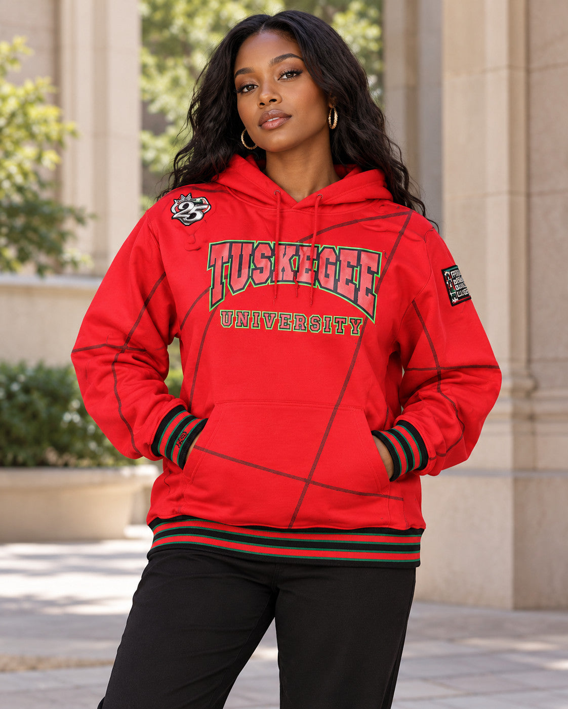 FTP Tuskegee University 92 Frankenstein Stitched Hoodie Red / Kelly Green — alternative model styling