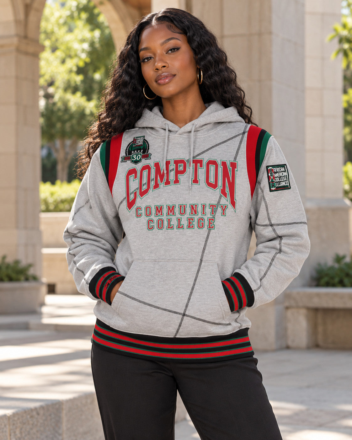 30th Anniversary FTP Compton Community College Frankenstein Stitched Hoodie MDH.Grey / Black — alternative model styling
