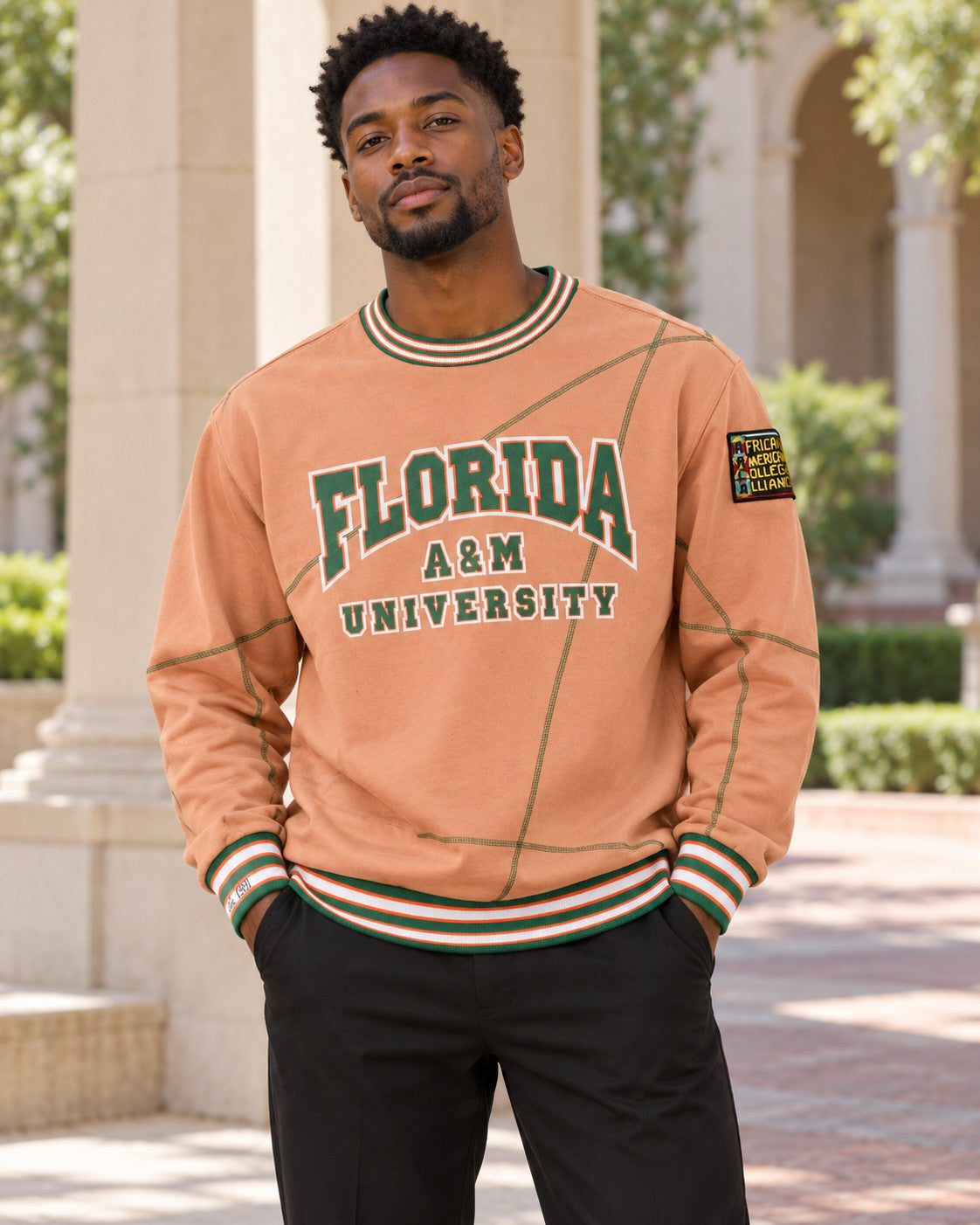 Florida A&M University Original '92 "Frankenstein" Crewneck Butter Rum / Kelly Green — alternative model styling