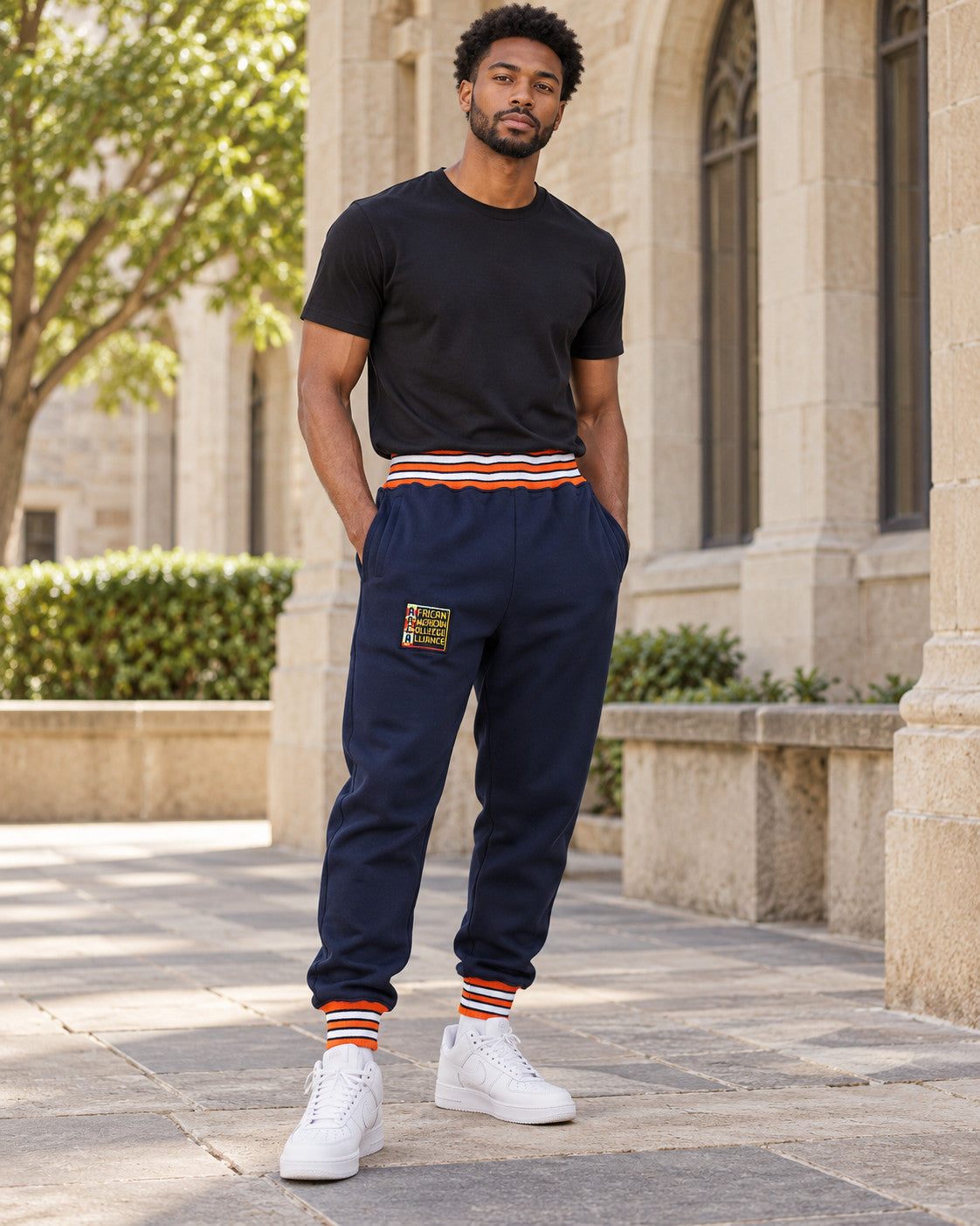AACA Original '91 Sweatpants Navy - Orange Waistband — alternative model styling