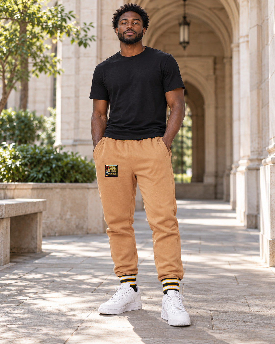AACA Original '92 "Frankenstein" Stitched Sweatpants Butter Rum/Black — alternative model styling