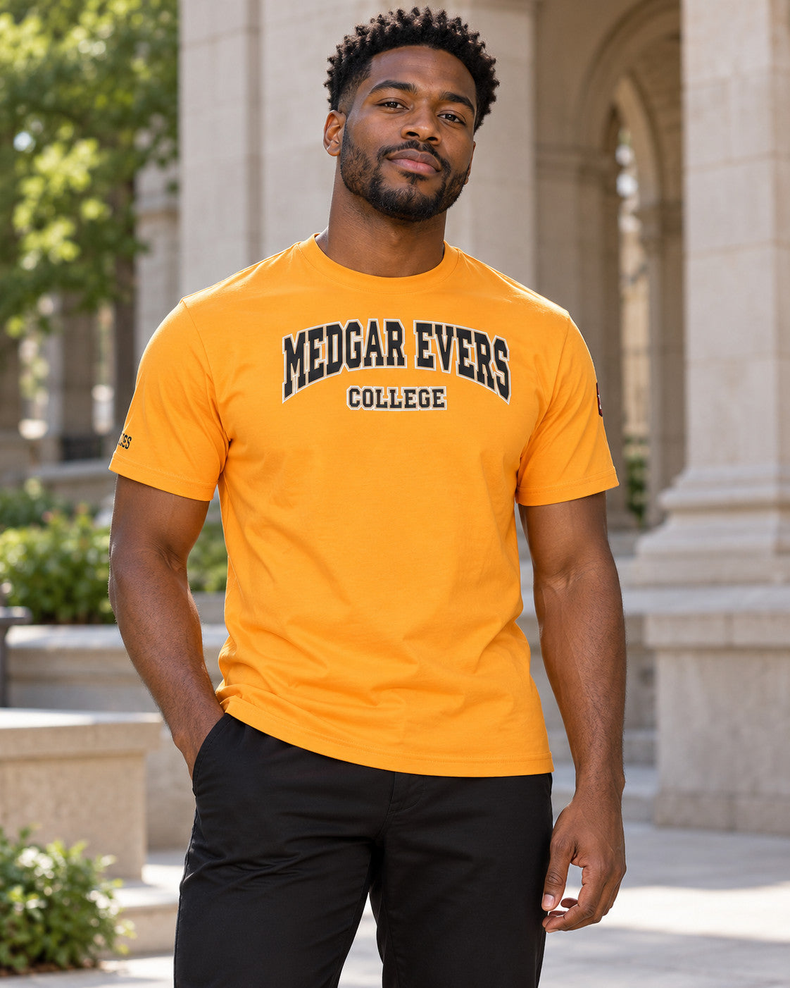 Medgar Evers College AACA Classic 91 T-Shirt Gold — alternative model styling
