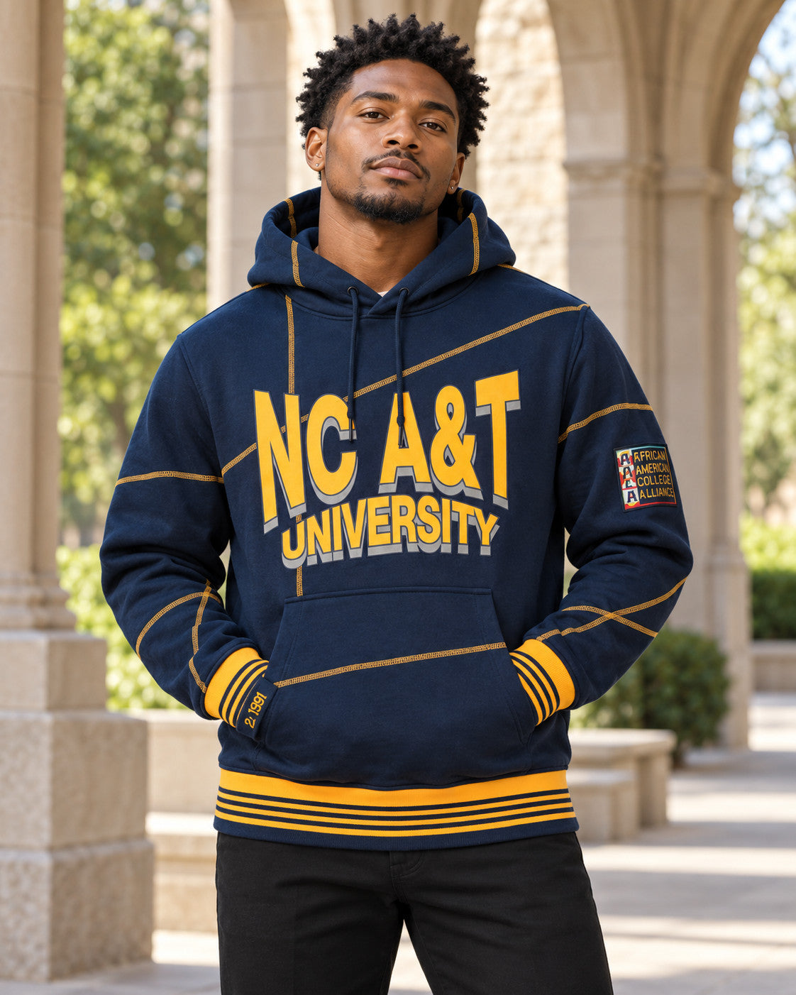 North Carolina A&T University 93 Frankenstein Hoodie Navy/Gold — alternative model styling