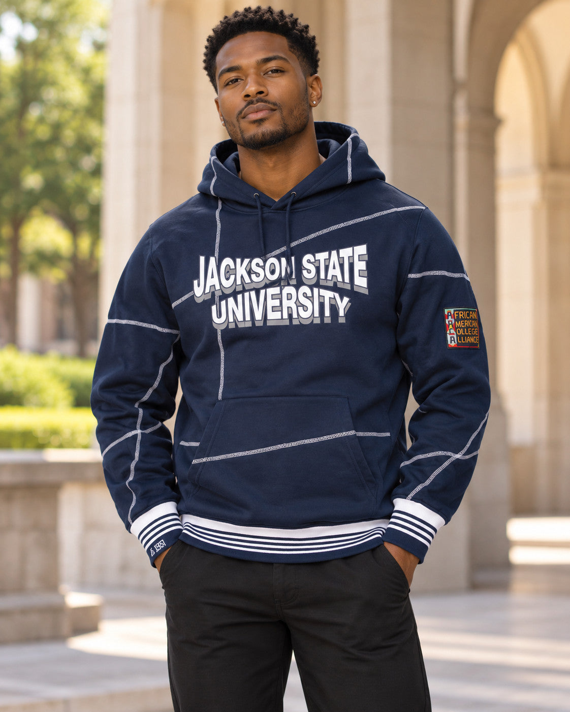 Jackson State 93 Frankenstein Hoodie Navy/White — alternative model styling