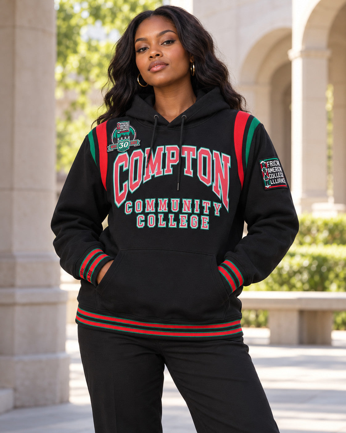 30th Anniversary FTP Compton Community College Hoodie All Black — alternative model styling