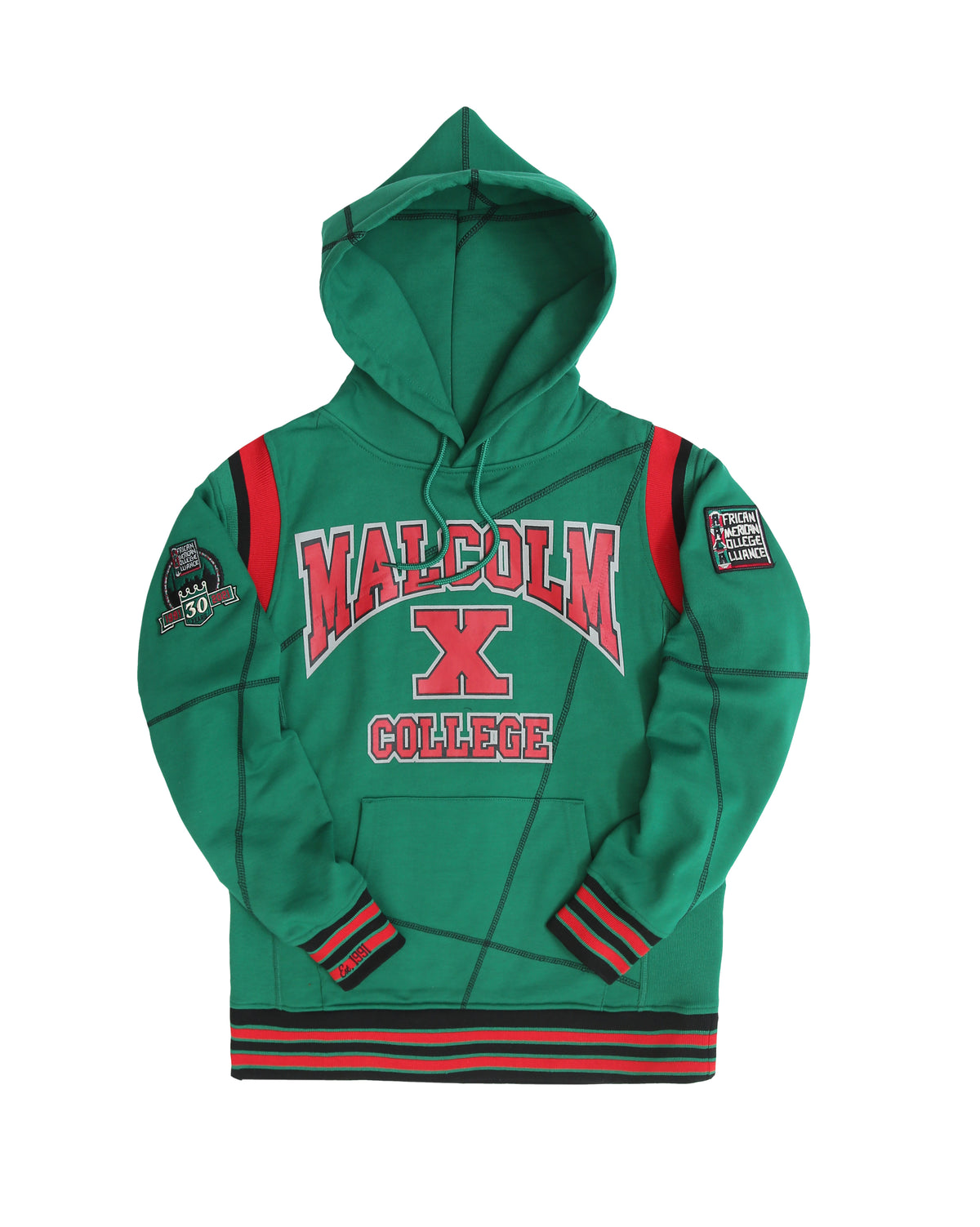 30th Anniversary FTP Malcolm X Frankenstein Stitched Hoodie KellyGreen / Black Malcolm X College Frankenstein Hoodie white background product image