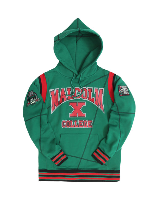 30th Anniversary FTP Malcolm X Frankenstein Stitched Hoodie KellyGreen / Black Malcolm X College Frankenstein Hoodie white background product image
