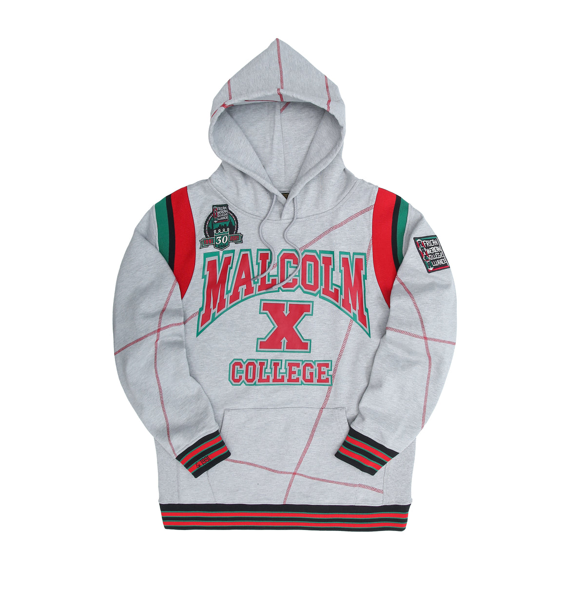 30th Anniversary FTP Malcolm X Frankenstein Stitched Hoodie MDH.Grey / Red Malcolm X College Frankenstein Hoodie white background product image