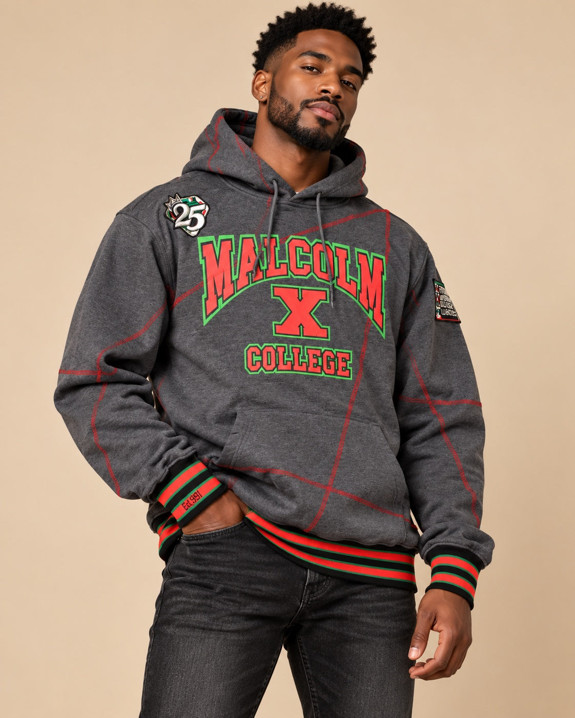 FTP Malcolm X College Frankenstein 92 Stitch Hoodie Charcoal Grey/ Red