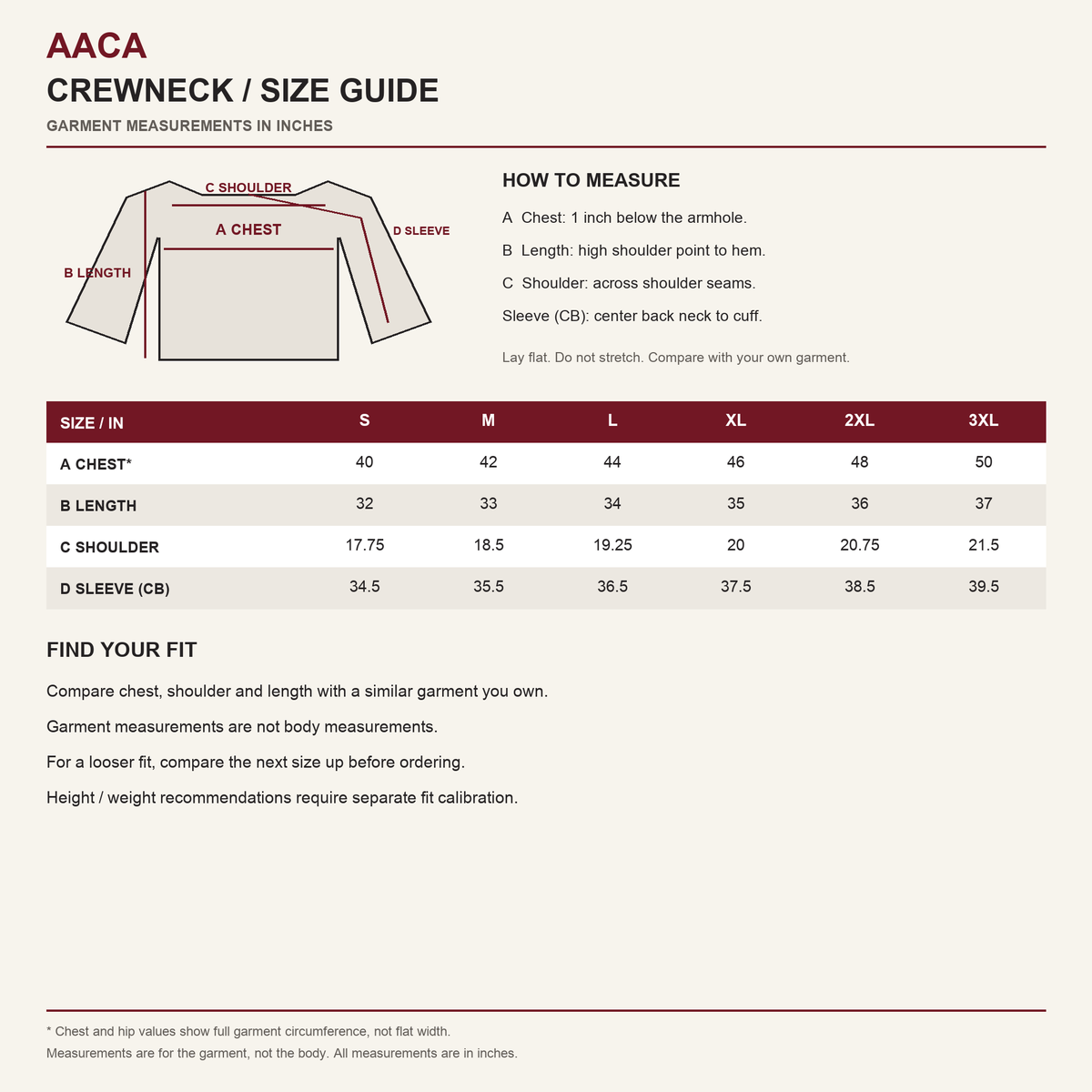 AACA crewneck size guide: garment measurements in inches