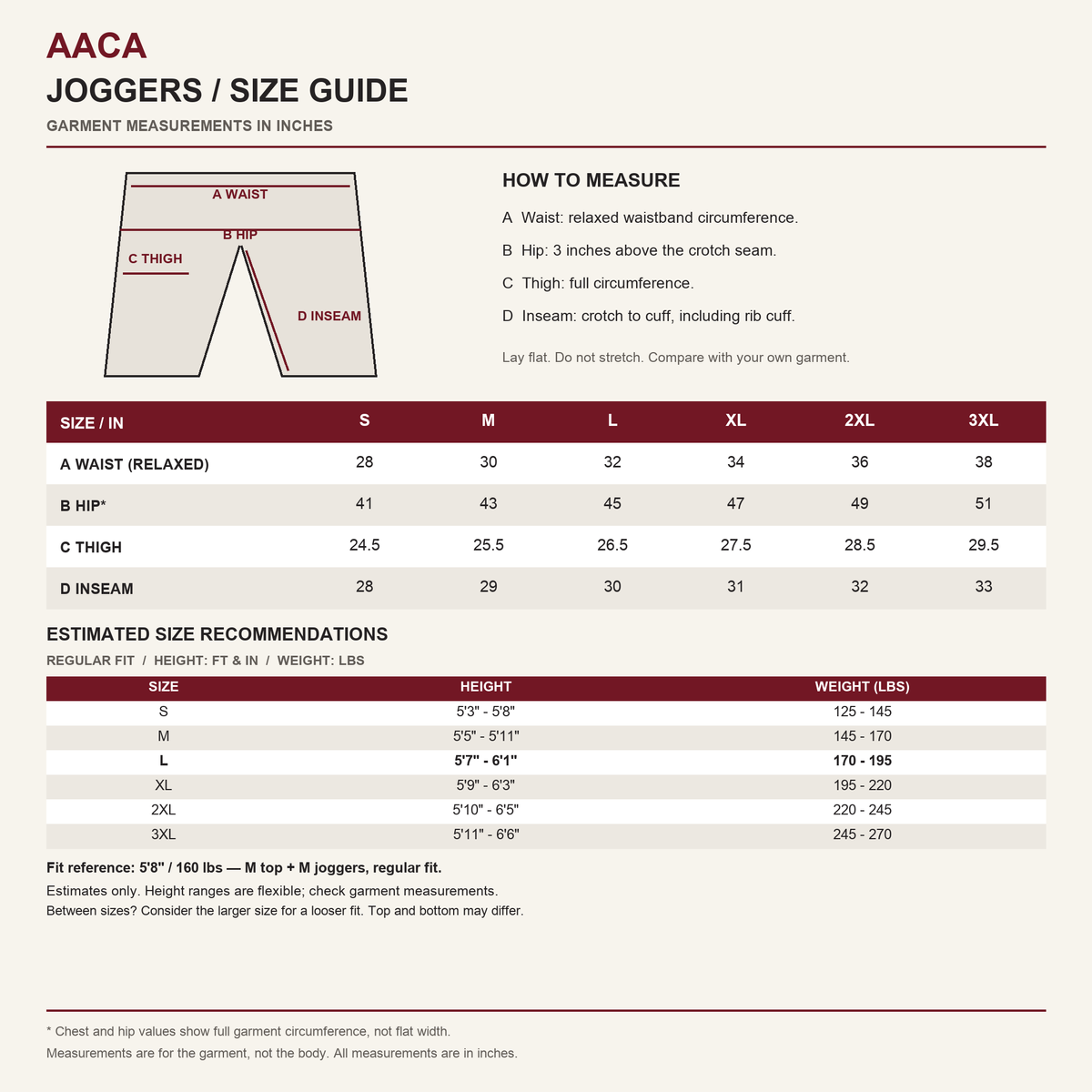 AACA joggers size guide: garment measurements in inches, estimated height in ft and in, weight in lbs