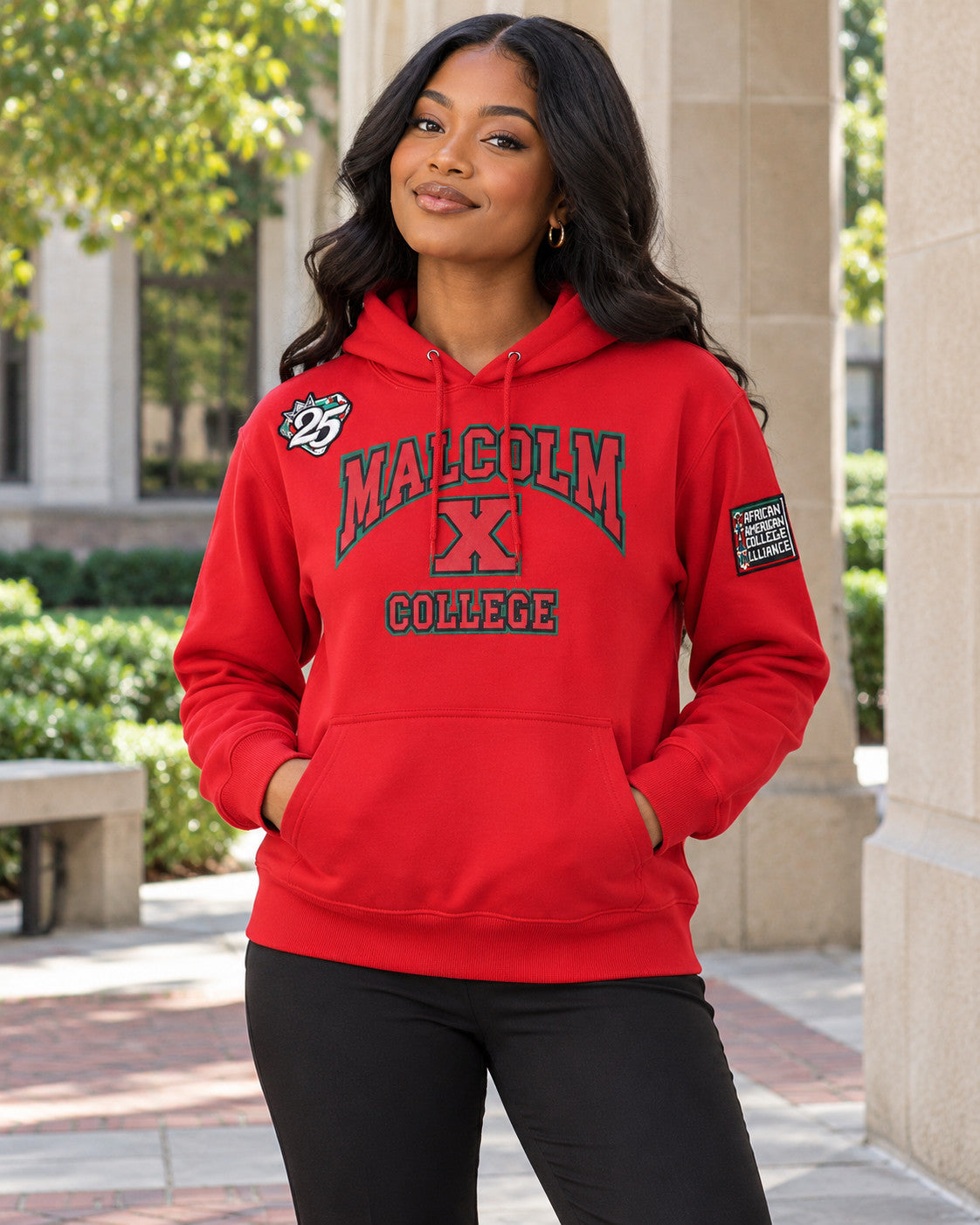 AACA Lite Malcolm X College Hoodie — Red | Lightweight, Smaller Fit alternative model styling