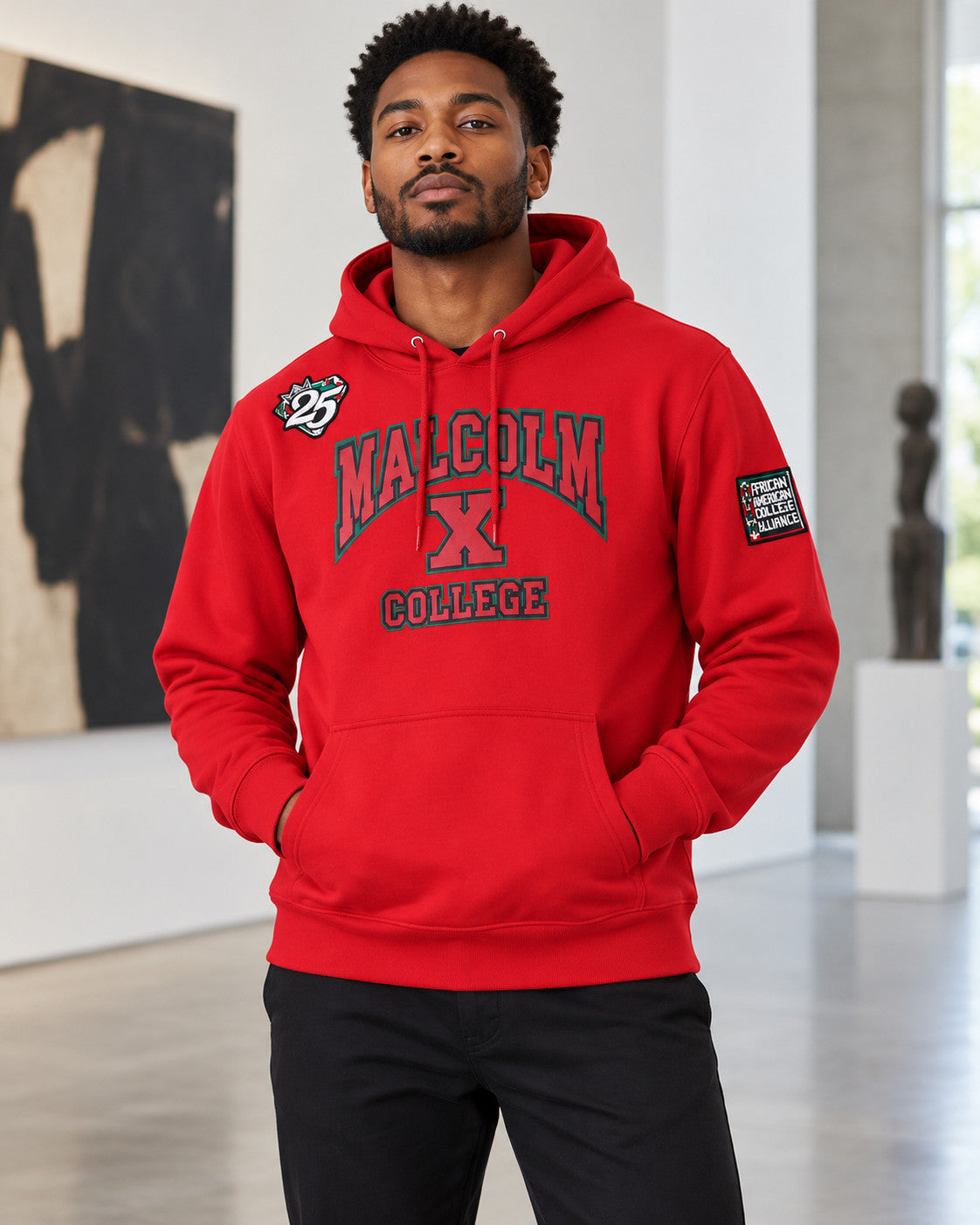AACA Lite Malcolm X College Hoodie — Red | Lightweight, Smaller Fit model styling
