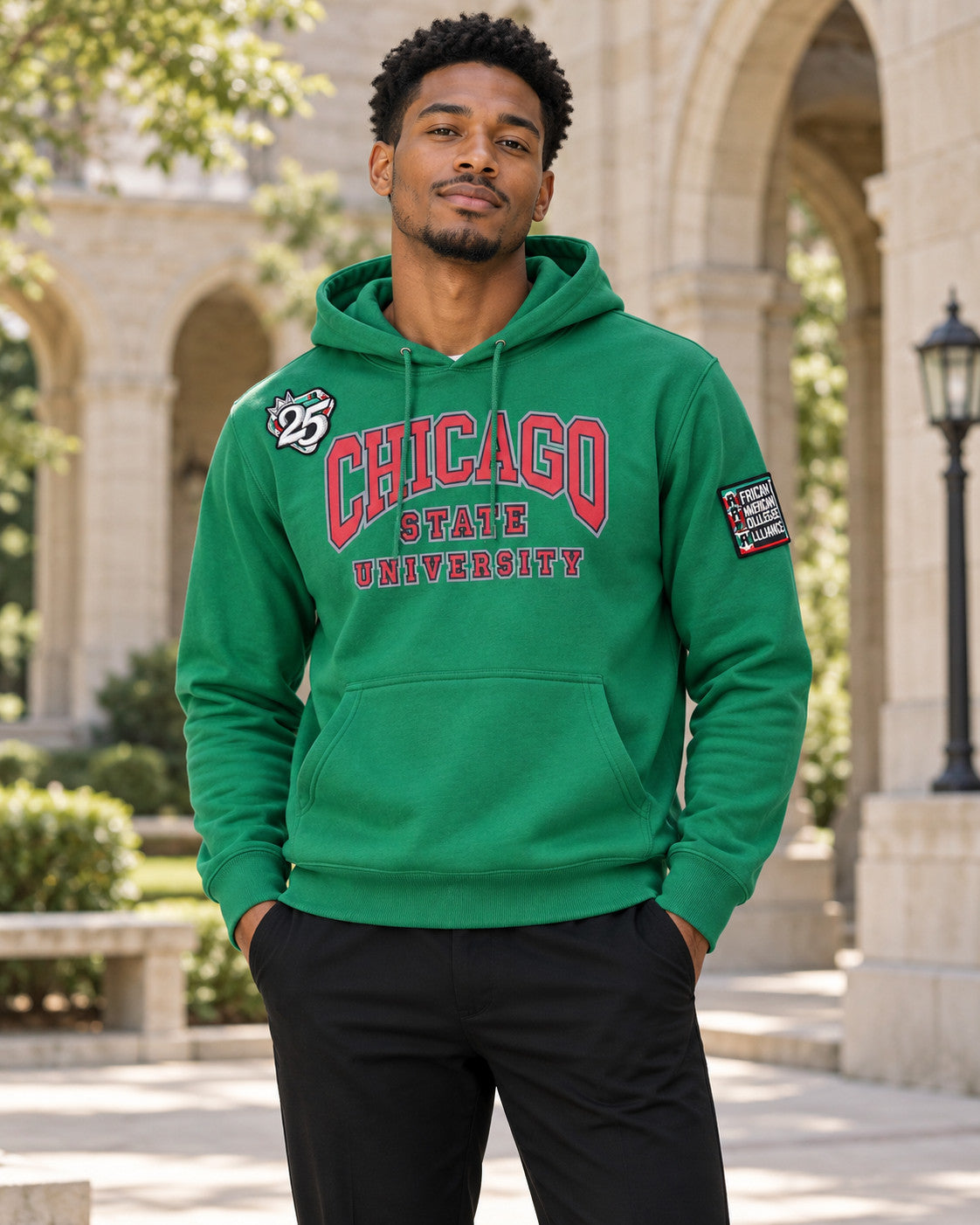 AACA Lite Chicago State Hoodie — Green | Lightweight, Smaller Fit alternative model styling