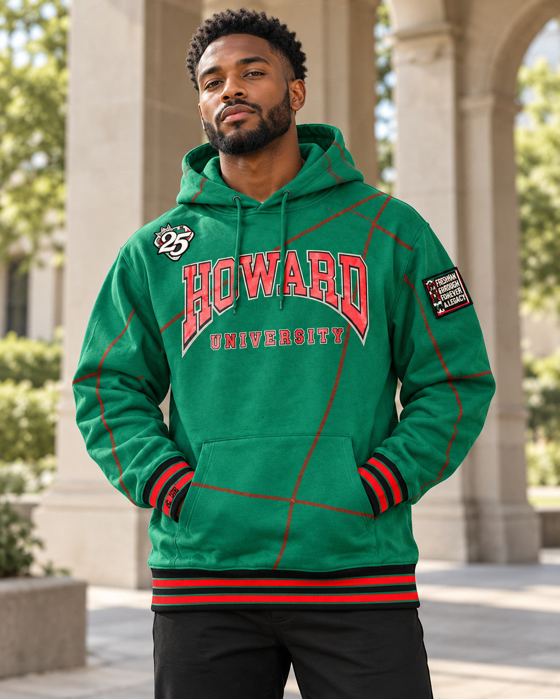 FTP Howard University 92 Frankenstein Stitched Hoodie Kelly Green / Red — alternative model styling