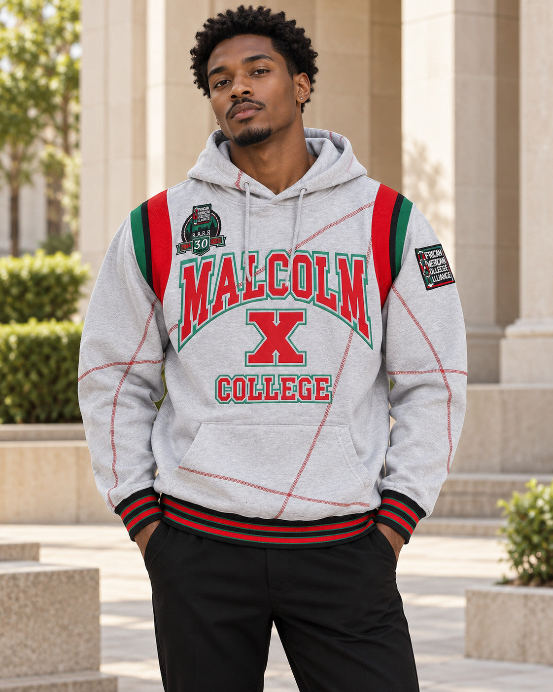 30th Anniversary FTP Malcolm X  Frankenstein Stitched Hoodie MDH.Grey / Red — alternative model styling