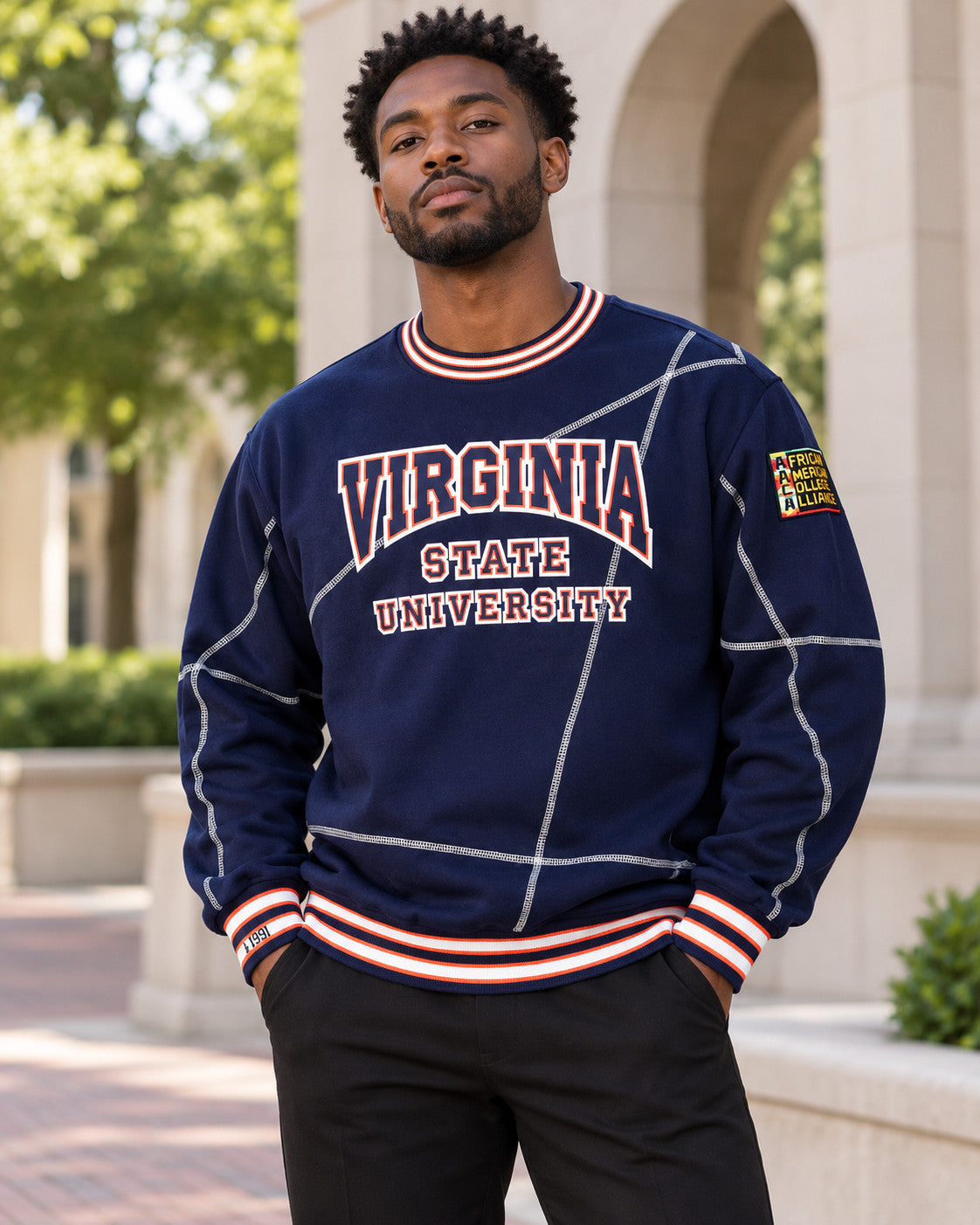 Virginia State University Original '92 "Frankenstein" Crewneck Navy/White — alternative model styling