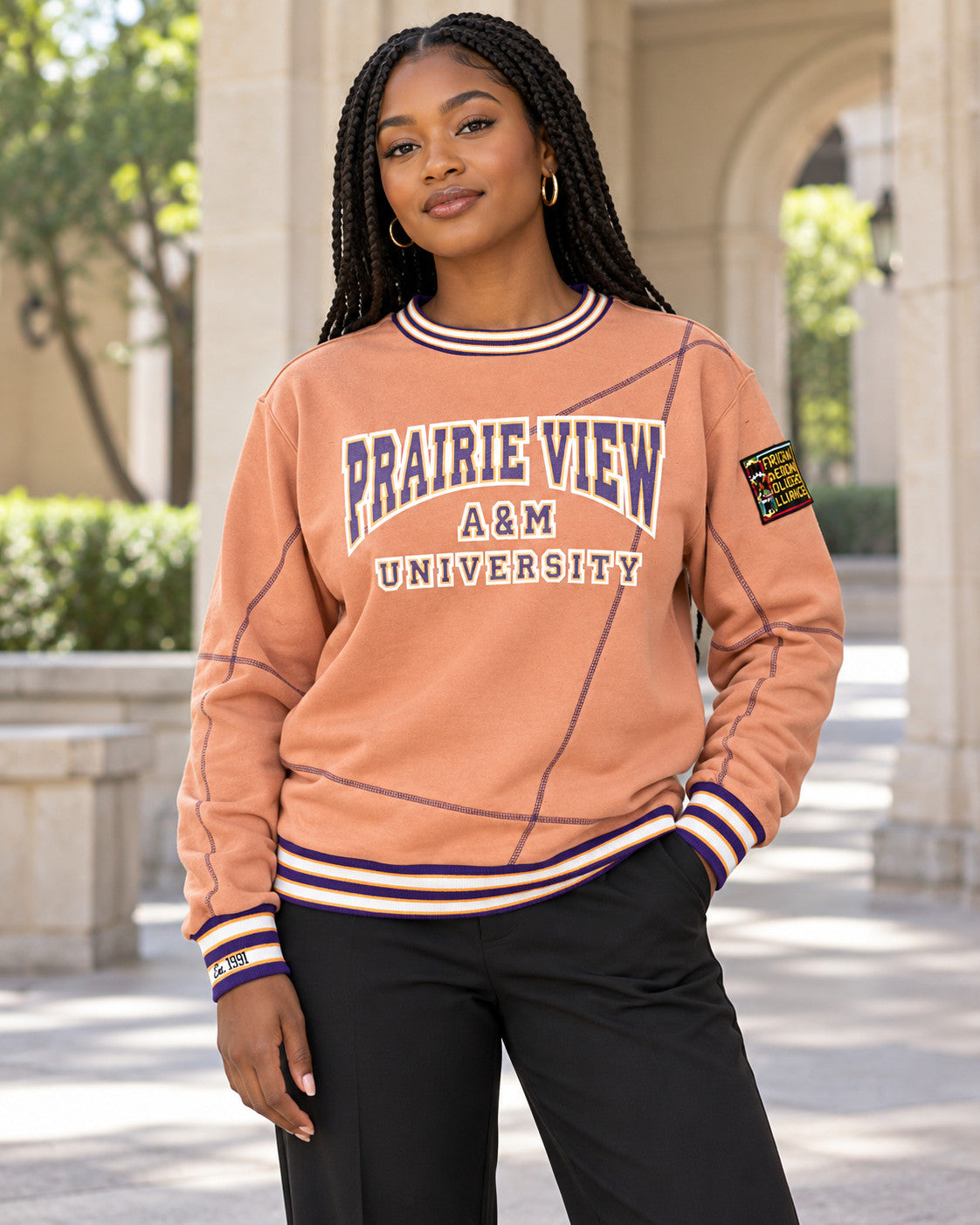 Prairie View A&M University Original '92 "Frankenstein" Crewneck Butter Rum/ Purple — alternative model styling