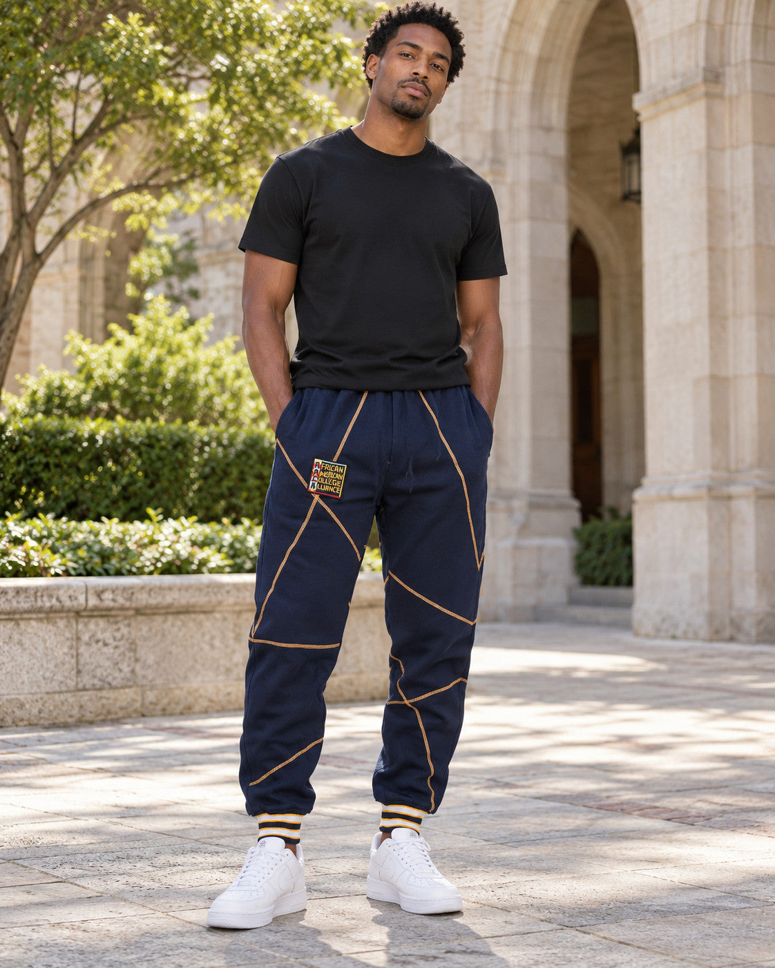 AACA Original '92 "Frankenstein" Stitched Sweatpants Navy/Gold — alternative model styling
