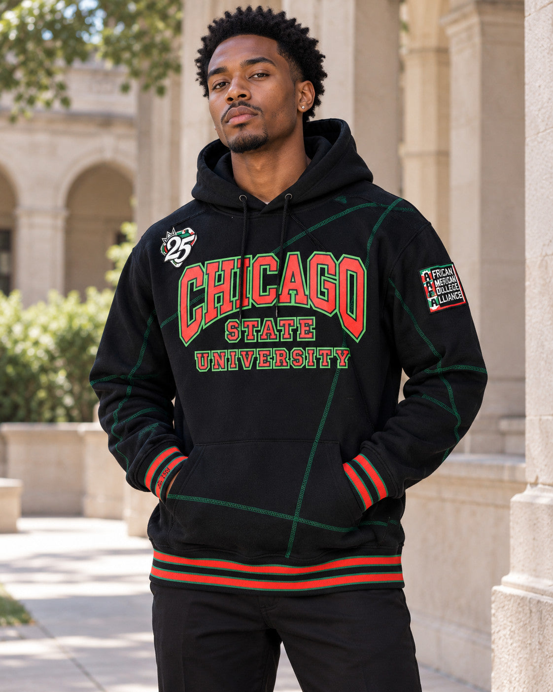 FTP Chicago State University AACA Original 92 Frankenstein Stitched Hoodie Black/Kelly Green — alternative model styling