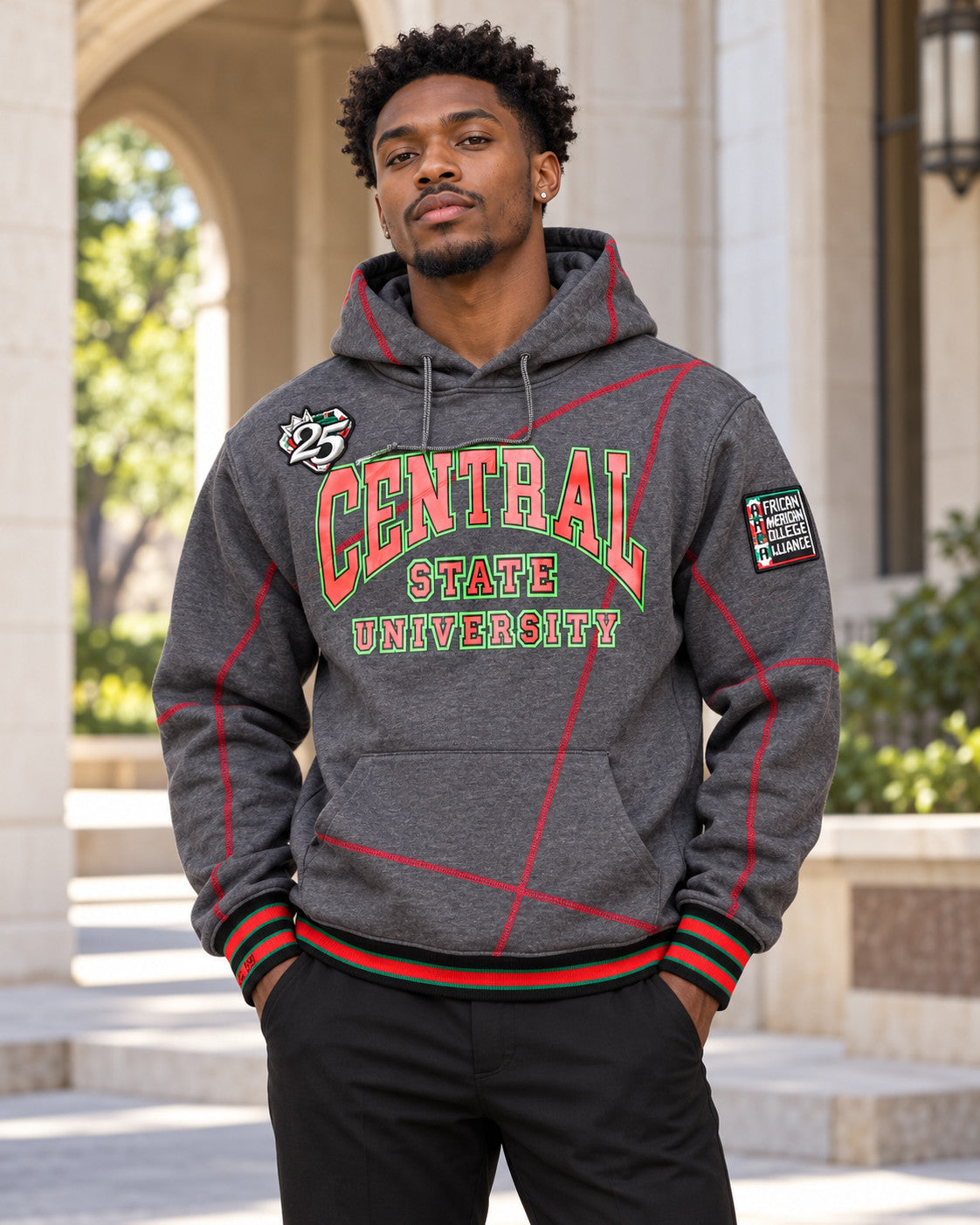 FTP Central State University 92 Frankenstein Stitched Hoodie Charcoal Grey/Red — alternative model styling