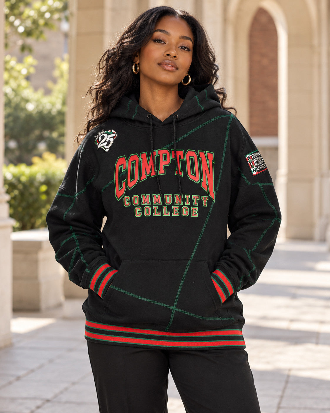 FTP Compton Community College AACA Original 92 Frankenstein Stitched Hoodie Black/Kelly Green — alternative model styling
