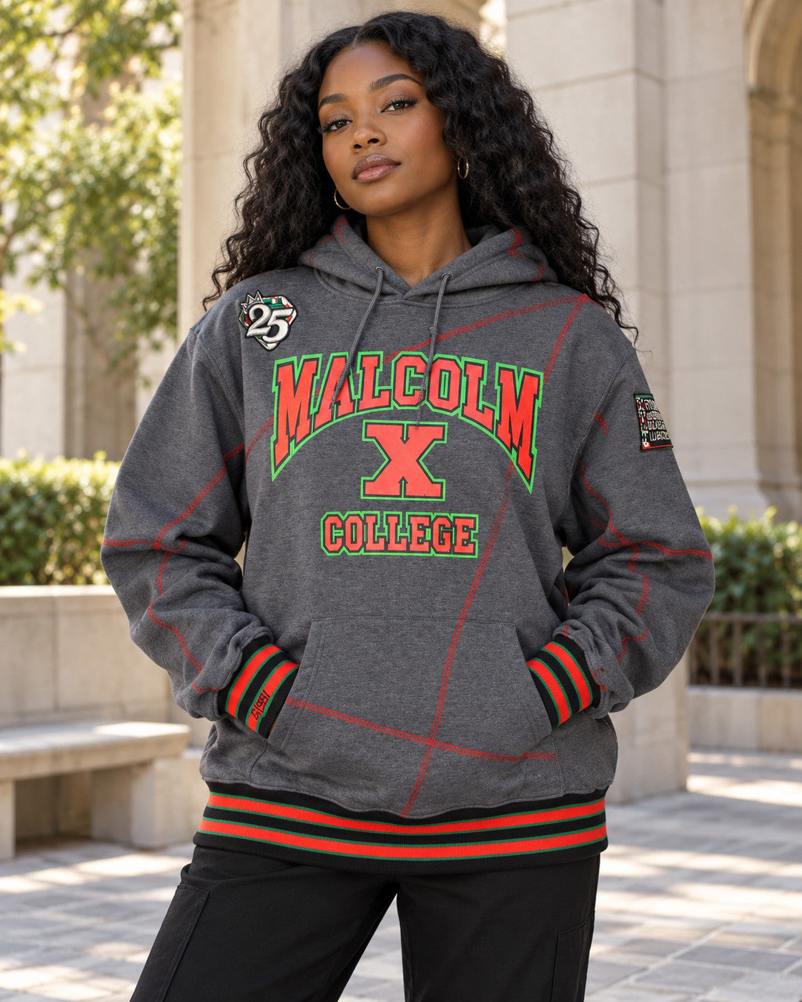 FTP Malcolm X College Frankenstein 92 Stitch Hoodie Charcoal Grey/ Red — alternative model styling