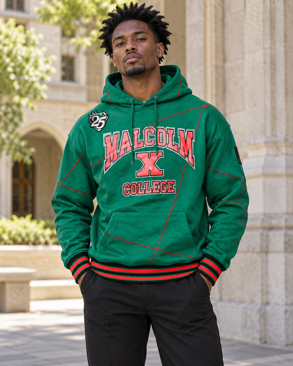 FTP Malcolm X College AACA Original 92 Frankenstein Stitched Hoodie Kelly Green/Red — alternative model styling